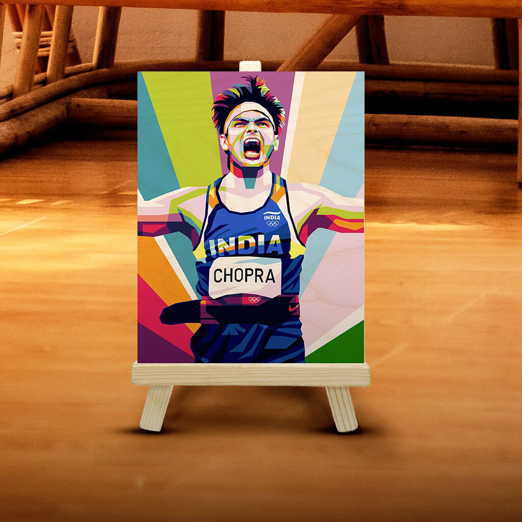 Neeraj Chopra Wooden Print With Easel Stand