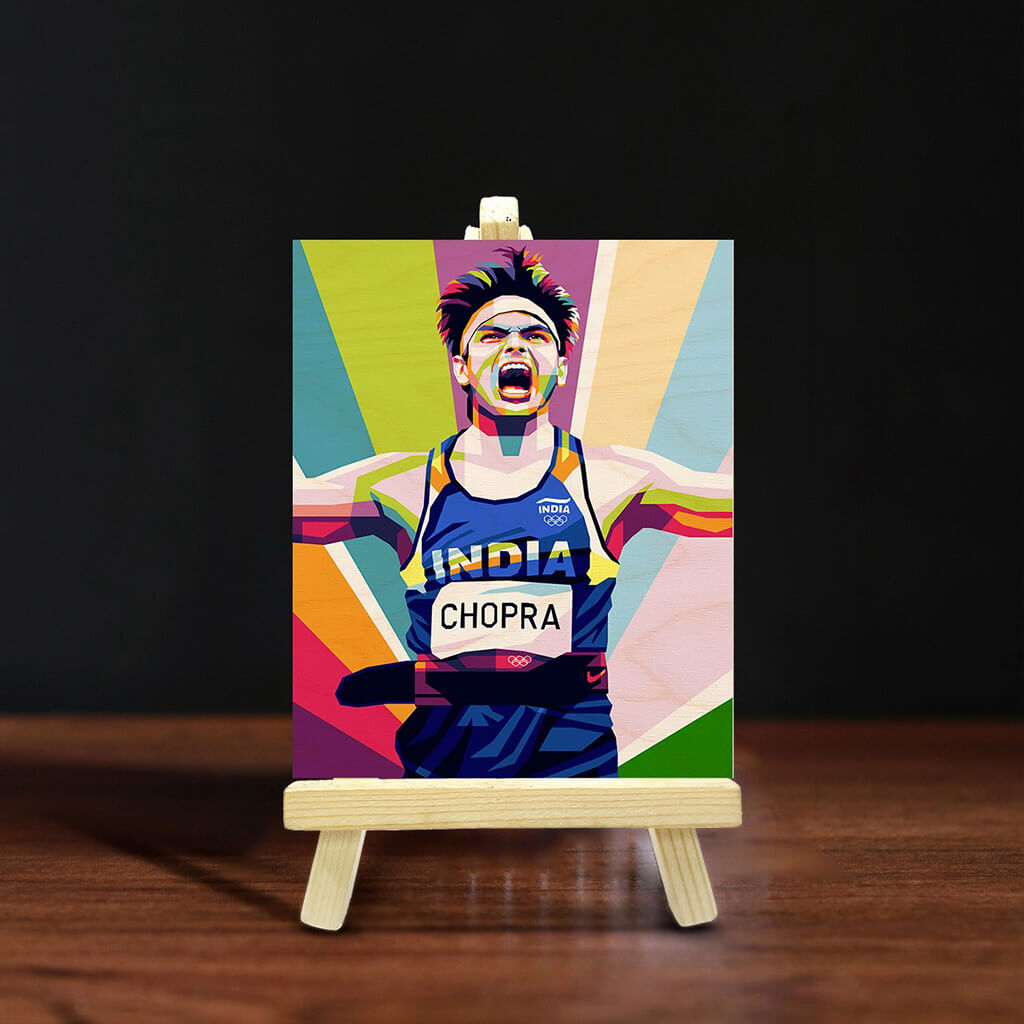 Neeraj Chopra Wooden Print With Easel Stand