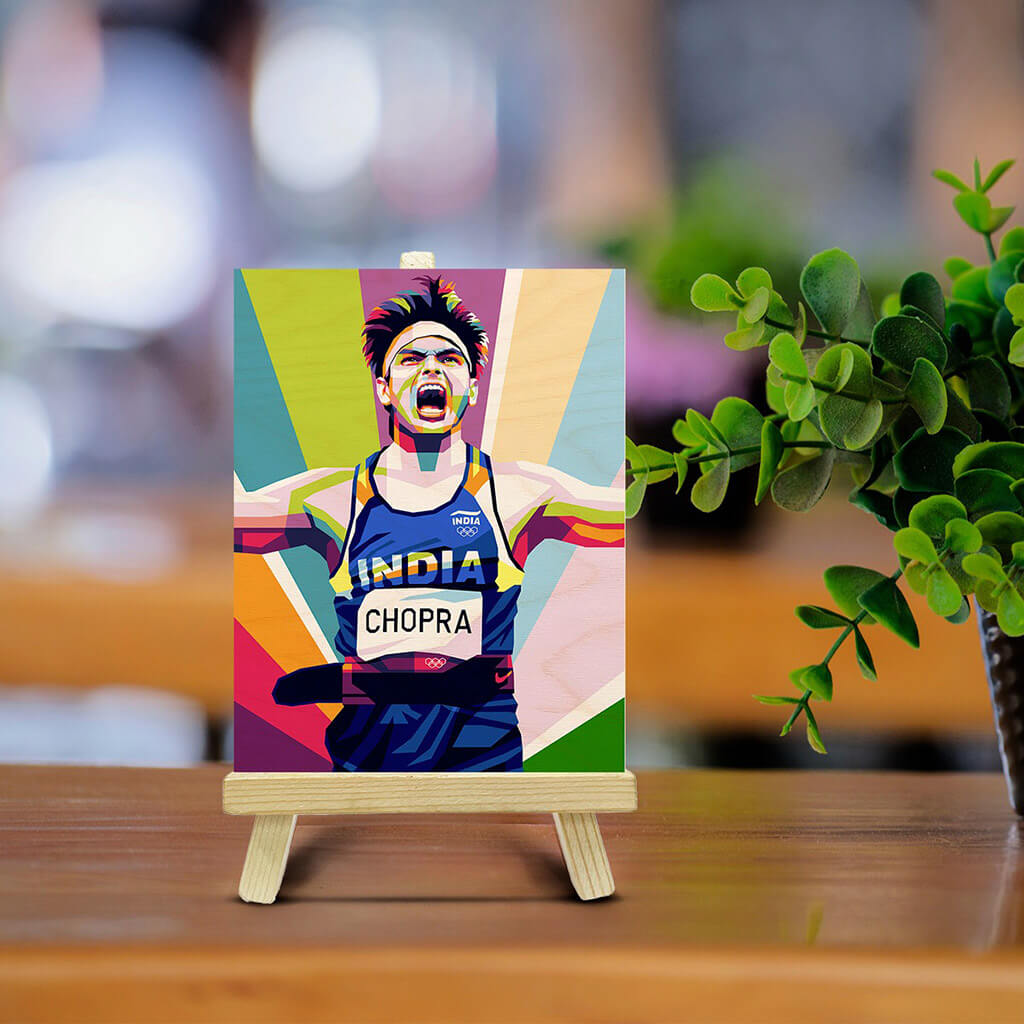 Neeraj Chopra Wooden Print With Easel Stand