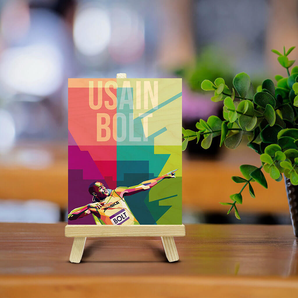 Usain Bolt Wooden Print With Easel Stand