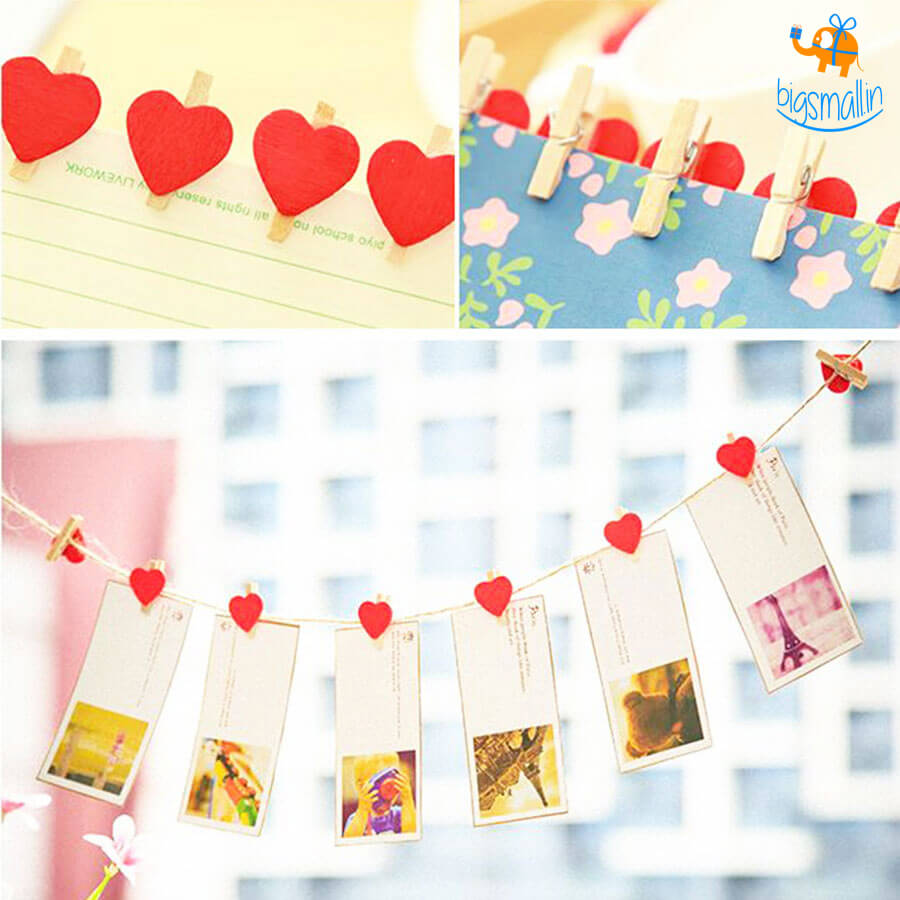 Heart Wooden Paper Clip With String - Set of 10