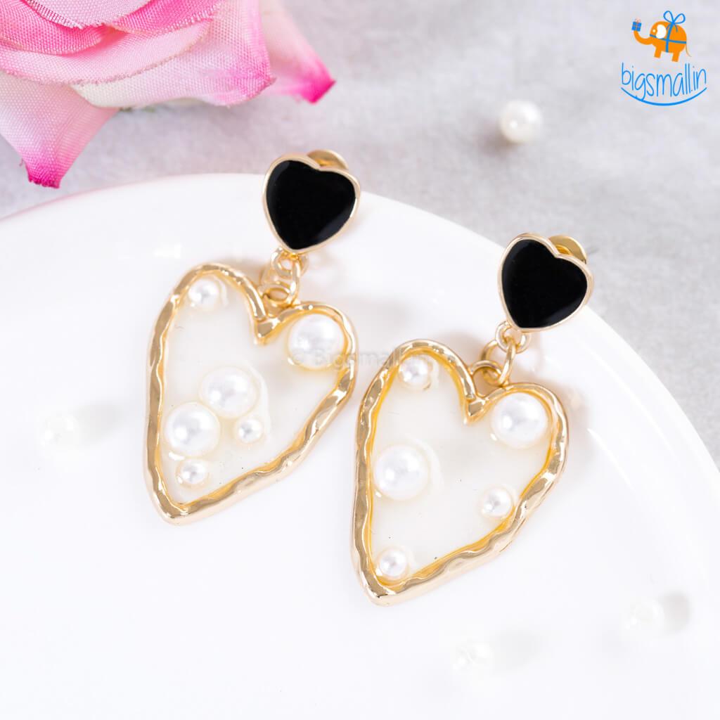 Heart Gold & Pearl Earrings - bigsmall.in
