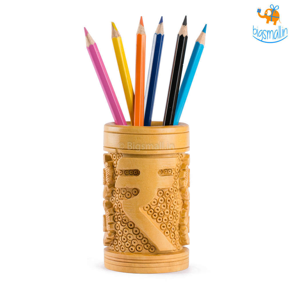 Wooden Rupee Symbol Pen Stand