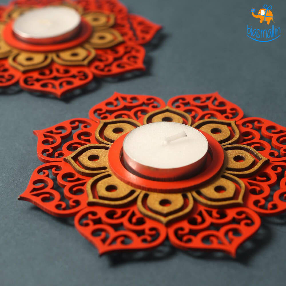 Decorative Wooden Tea Light Holder - Set of 2