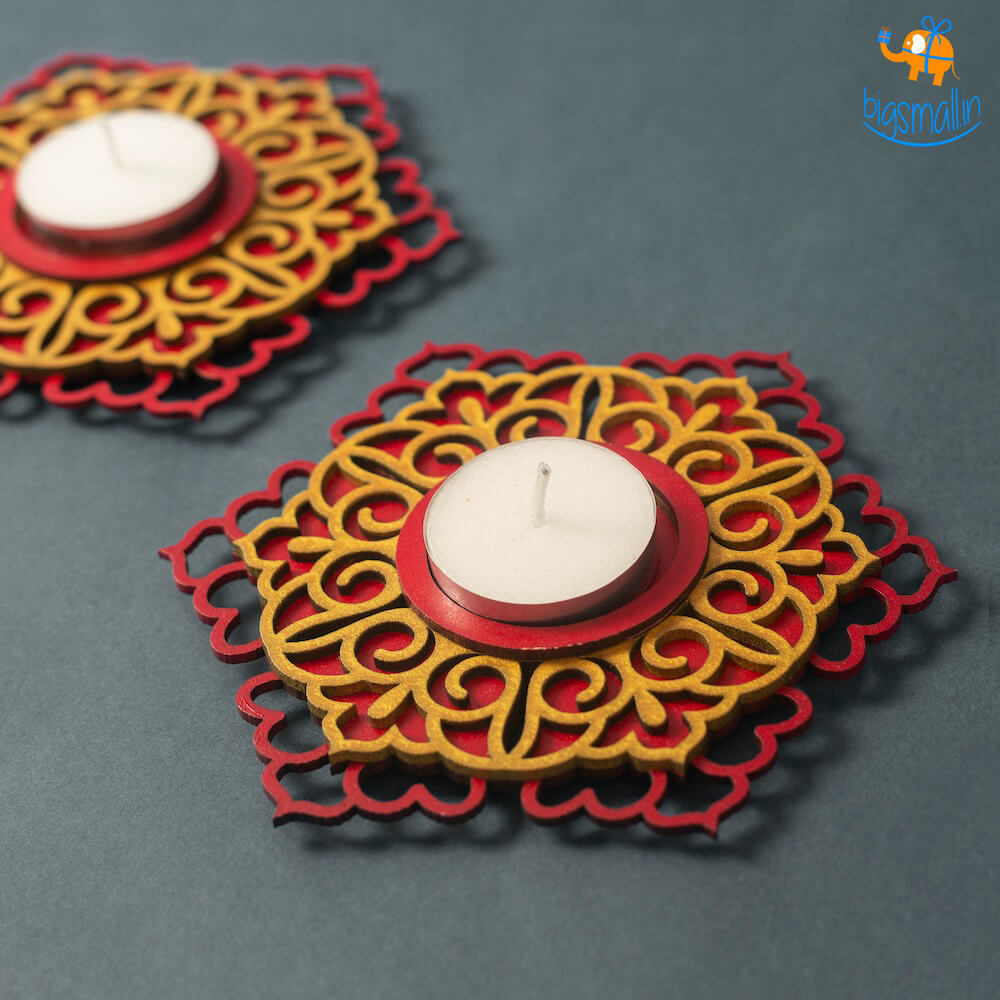 Decorative Wooden Tea Light Holder - Set of 2