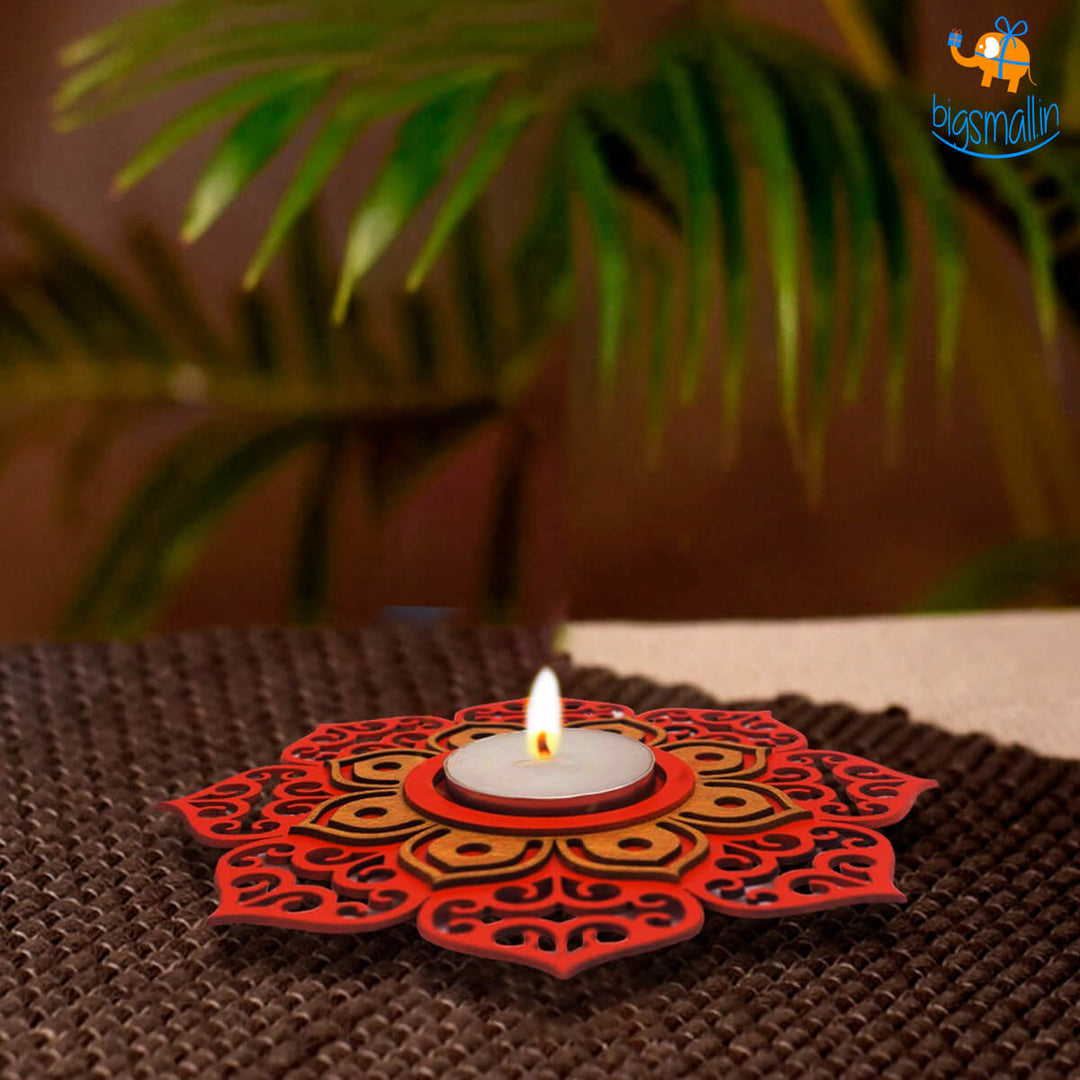 Decorative Wooden Tea Light Holder - Set of 2