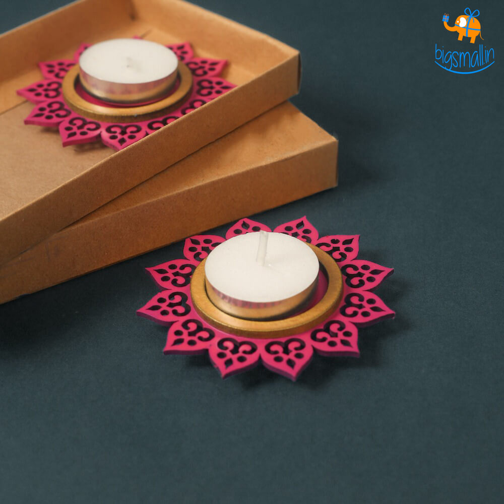 Decorative Wooden Tea Light Holder - Set of 2