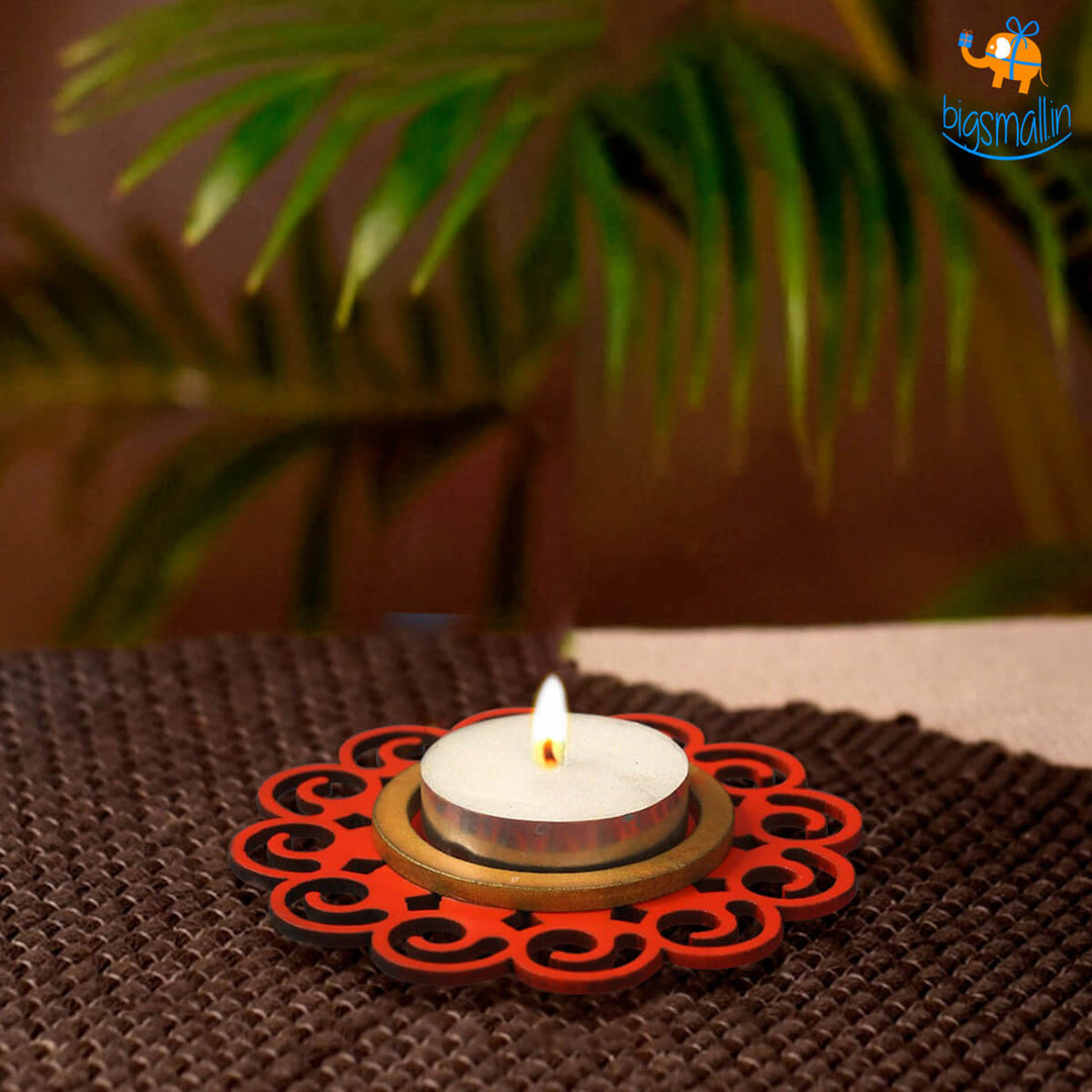 Decorative Wooden Tea Light Holder - Set of 2