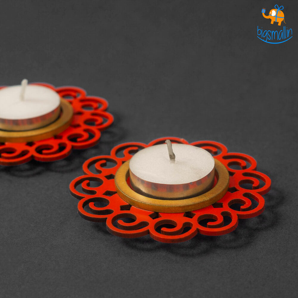 Decorative Wooden Tea Light Holder - Set of 2