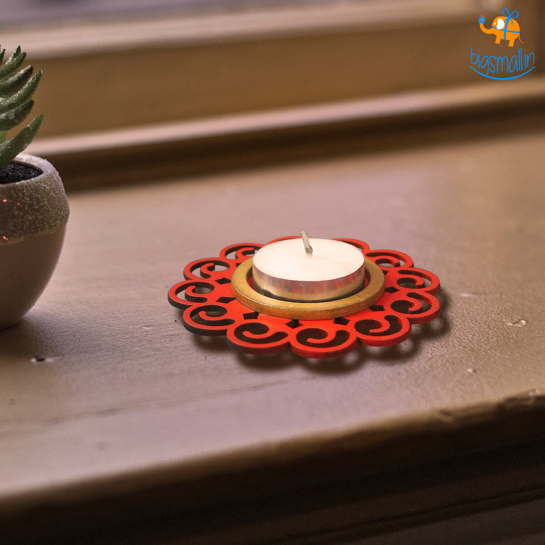 Decorative Wooden Tea Light Holder - Set of 2