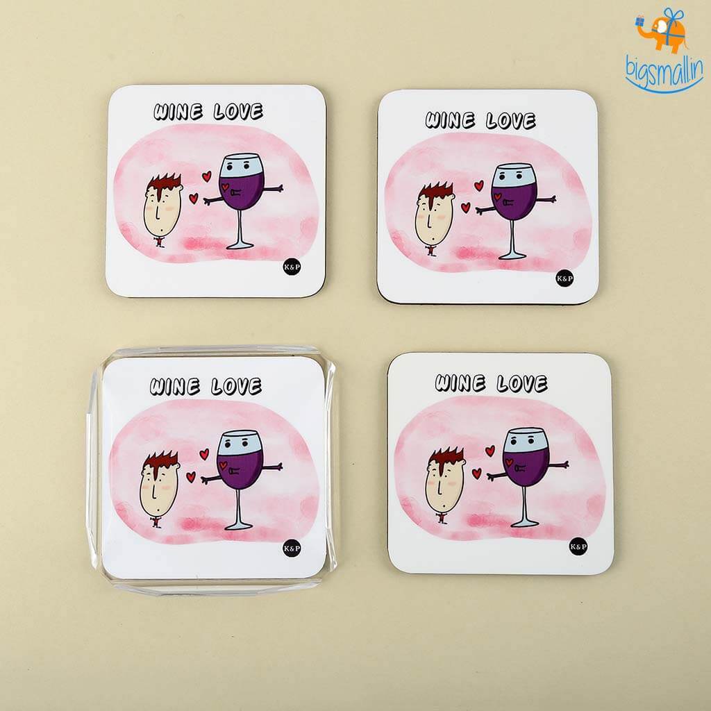 Wine Love Coasters (With Holder) - Set of 4 - bigsmall.in