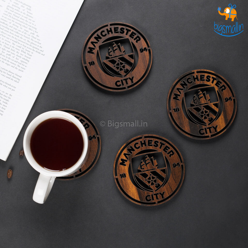 Laser Cut Manchester City Wooden Coasters - Set of 4 - bigsmall.in