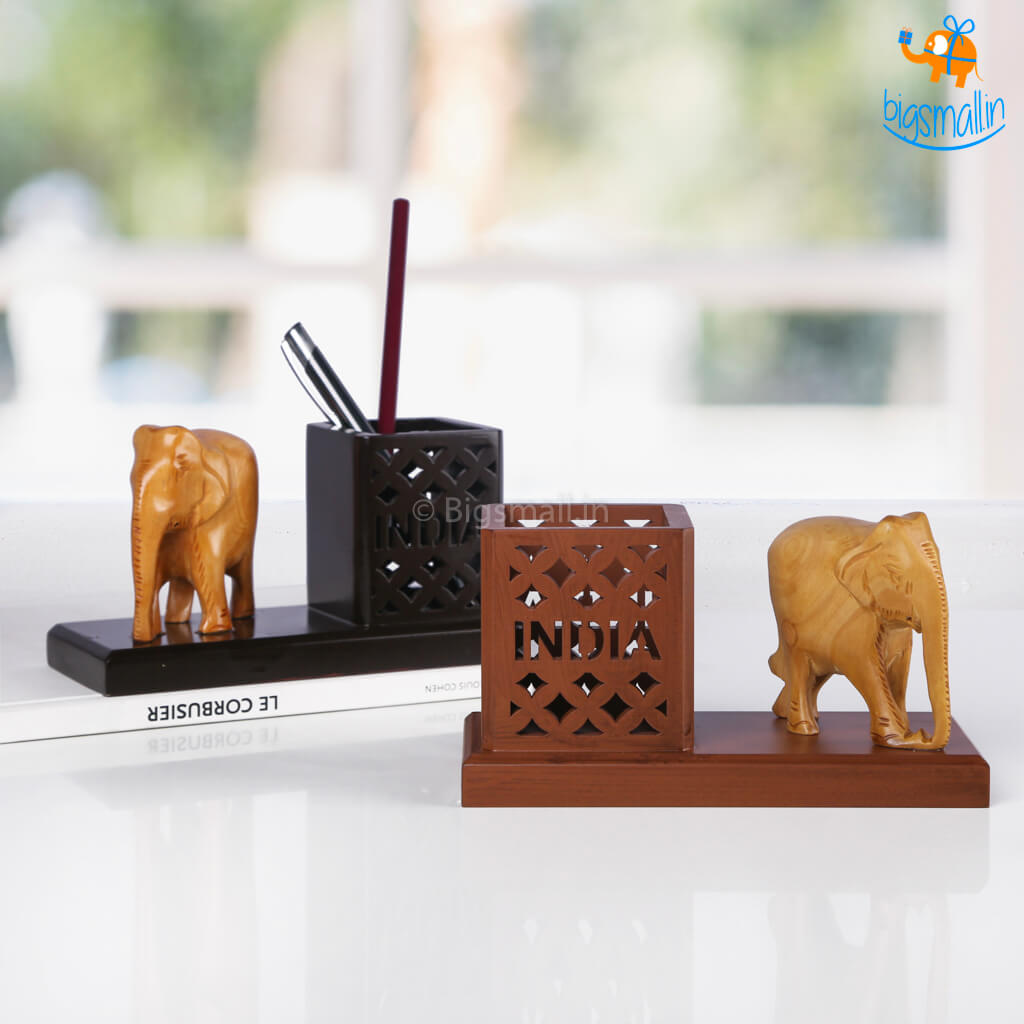 Wooden Elephant Pen Stand