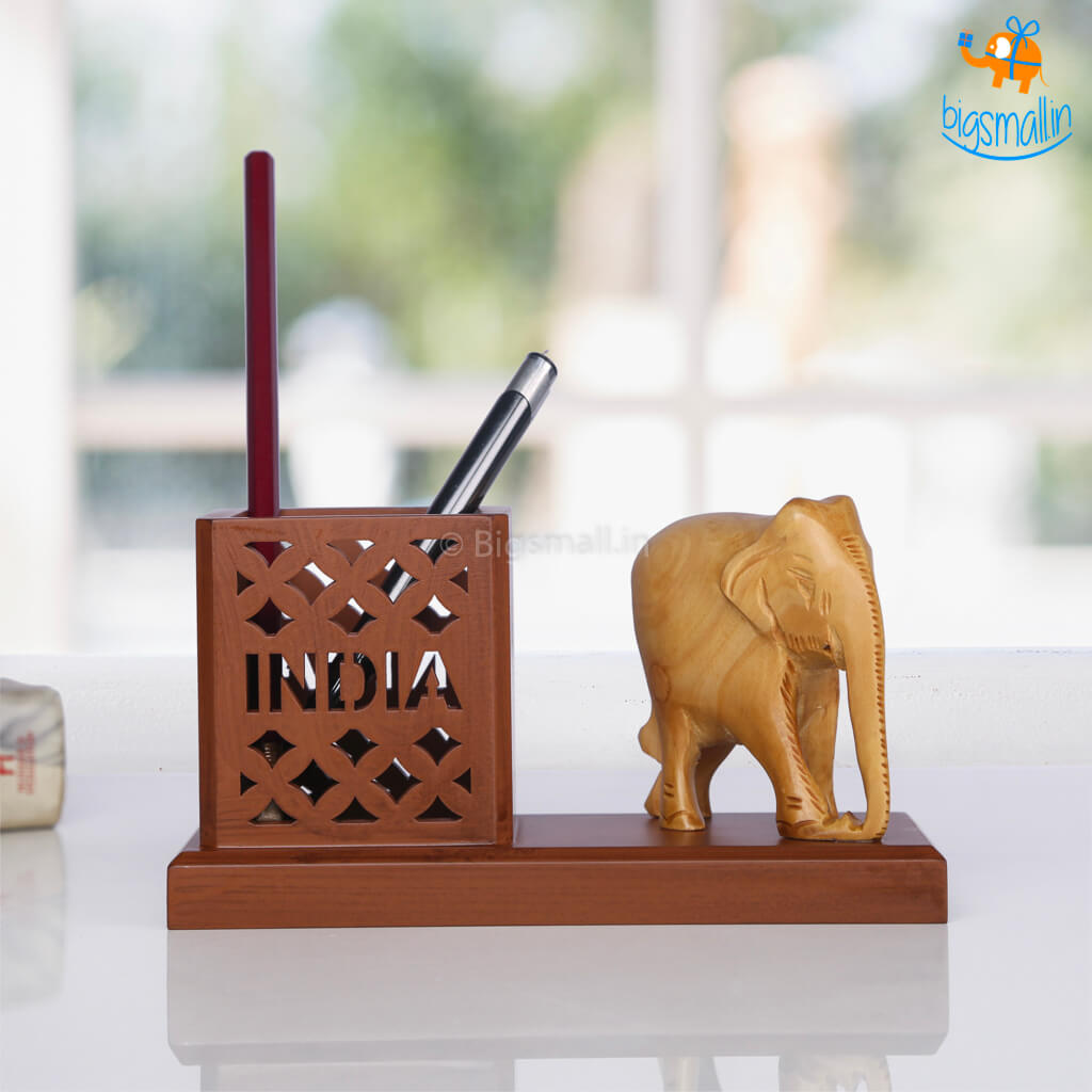 Wooden Elephant Pen Stand